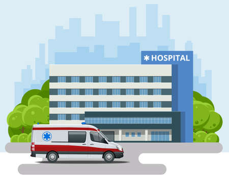 City hospital building with ambulance. Health and medicine. Medical hospital building exteriorのイラスト素材