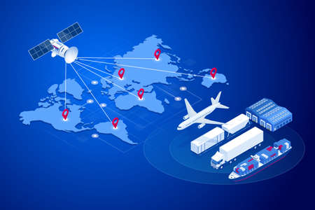 Isometric Global logistics network concept. Freight shipping. Satellite tracks the movement of freight transport. Maritime, air shipping transport logistic, warehouse storage concept, export or importのイラスト素材