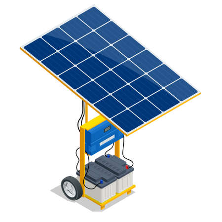 Isometric Solar Panel and Green Energy Battery. Renewable Energy Sources. Backup Power Energy Storage System isolated on white background.のイラスト素材