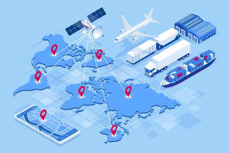 Isometric Global logistics network concept. Freight shipping. Satellite tracks the movement of...