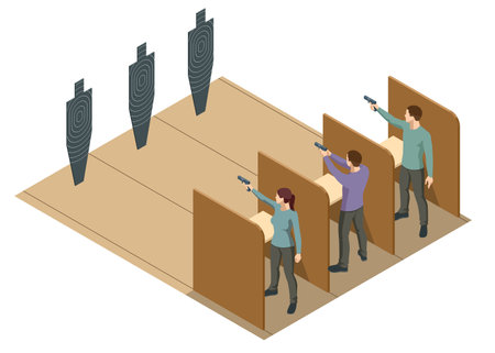 Isometric men aiming pistol at target in indoor firing range or shooting range. Shooters practising tactical shooting in a modern indoor gun range.のイラスト素材