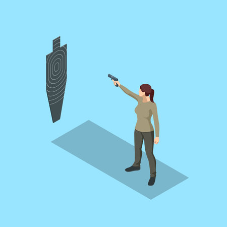 Isometric woman firing a hand gun at an indoor gun range. Shooter practising tactical shooting in a modern indoor gun range.のイラスト素材