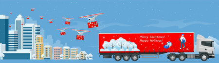 Drones with delivering Christmas gifts and truck in the city and snow falling. Delivering by drones to home. Gifts in bright boxes. Winter city snowy downtown with skyscrapers business buildingsのイラスト素材