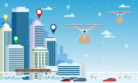 Drones with delivering Christmas gifts in the city and snow falling. Delivering by drones to home. Gifts in bright boxes. Winter city snowy downtown with skyscrapers business buildingsのイラスト素材