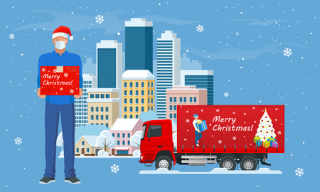 Delivery trucks delivering Christmas gift and Courier in a face mask and a Christmas hat with a box in his hands in the city and snow falling. Delivering by to home. Gifts in bright boxes Winter city.のイラスト素材