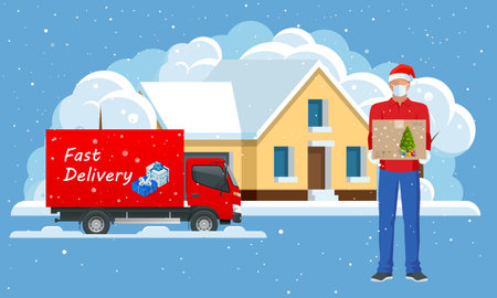 Delivery trucks delivering Christmas gift and Courier in a face mask and a Christmas hat with a box in his hands in the city and snow falling. Delivering by to home. Gifts in bright boxes. Winter cityのイラスト素材