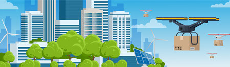Delivery drone with the cardboard box flying over the town. Quadcopter carrying a package to customer. Technological shipment innovation. Drone delivery service .のイラスト素材