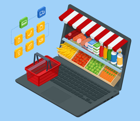 Isometric Grocery Supermarket, Food and Eats Online Buying and Delivery. E-commerce concept order food online website. Health food delivery online service.のイラスト素材