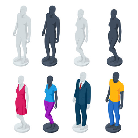 Isometric Adjustable Male and Female Mannequin Full Body. Set of realistic human mannequins isolated on white background. Great for Retail Shops and Clothing Shopsのイラスト素材
