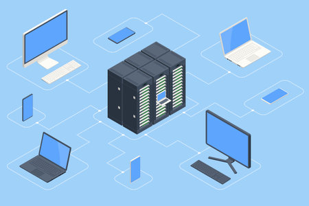 Isometric data center and network elements. Server room data center. Big modern data center, server...