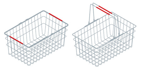 Isometric chrome plated wire metal double handles square empty shopping basket. Shopping basket isolated on a white background.のイラスト素材