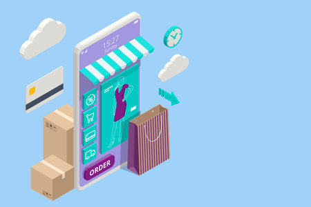 Smartphone Online shopping on application and website, internet shop. Concept of mobile marketing and e-commerce. Digital marketing online, shopping cart with new items on smartphone screen.のイラスト素材