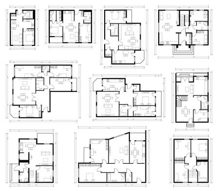 Architecture design, blueprint plan. Set of different black and white house floor plans isolated on whiteのイラスト素材