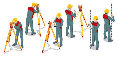 Isometric surveying measuring equipment level theodolite on tripod isolated on white background. Professional engineer surveyor takes measures with theodolite. Construction measuring toolのイラスト素材