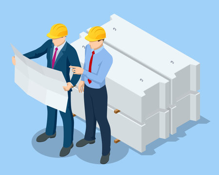Isometric Construction Engineers and Builders in Yellow Safety Helmets On Building Site with Architectural Plan. Business Plan Development.のイラスト素材
