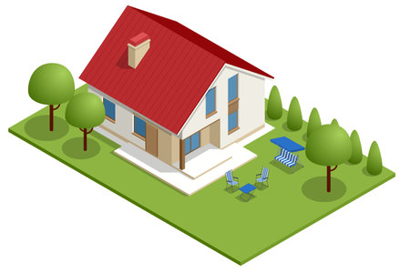 Isometric Apartment house. Building, cottage, villa. Modern cozy house in chalet style with garage for sale or rent with large garden and lawn.のイラスト素材