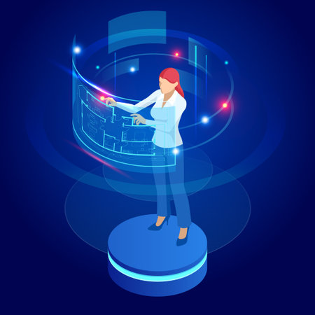 Isometric Virtual Reality Construction Project Management, Architectural Project Planning, Development and Approval Web Banner. Scheme of House, Engineer industry. Construction Company Business.のイラスト素材