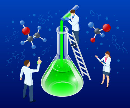Isometric Doctor Team While Working Analysis Lab, Chemical Laboratory Science. Research Teams in Chemistry Experiments, Health Sciences, Life Sciences. Laboratory and Development Conceptのイラスト素材