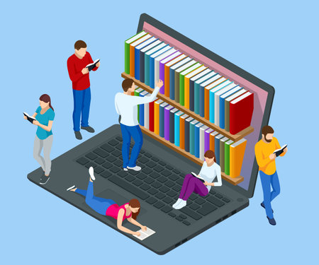 Isometric Online library app for reading, bookstores concept. E-learning from home online studying on laptop.のイラスト素材