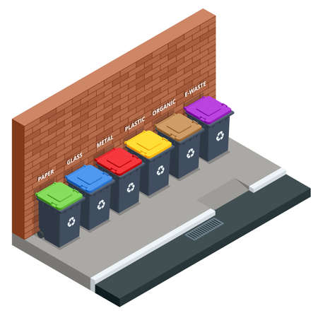 Isometric Garbage containers of different types. Sorting paper, plastic, metal, bio, e-waste and glass. Segregation, recycling, environmental protection.のイラスト素材