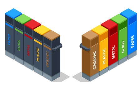 Isometric Garbage containers of different types. Sorting paper, plastic, metal, bio, e-waste and glass. Segregation, recycling, environmental protection.のイラスト素材