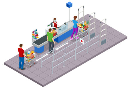 Isometric series of cash registers, cash desk, in a large supermarket. People with shopping carts and baskets waiting in line at the cash registerのイラスト素材