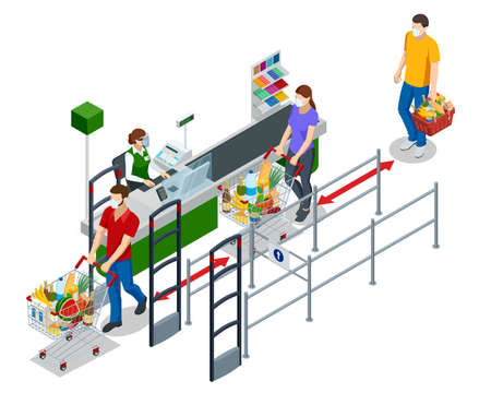 Isometric series of cash registers, cash desk, in a large supermarket. People with shopping carts and baskets waiting in line at the cash registerのイラスト素材