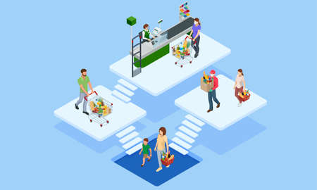 Isometric grocery store, online market, home delivery. grocery shopping online. Buying fresh...