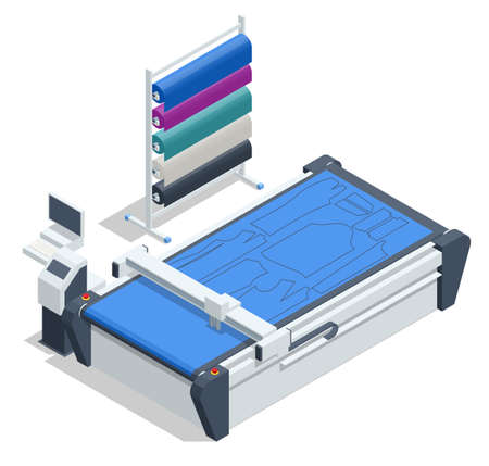 Isometric Cutting Machine. Textile industry. Automatic Electric Cutting rail mounted cloth end cutter track cutting. Industrial Sewing Machineのイラスト素材