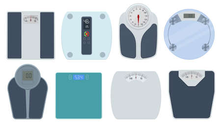Bathroom scales on white background, top view. Weight loss, healthy lifestyles, diet, proper nutrition.のイラスト素材