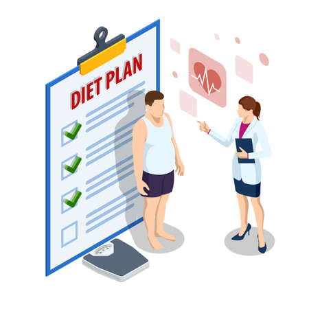Isometric Healthy food and Diet planning. Healthy eating, personal diet or nutrition plan from dieting expert. Doctor s consultation for an overweight patient. Health risk, obesity.のイラスト素材