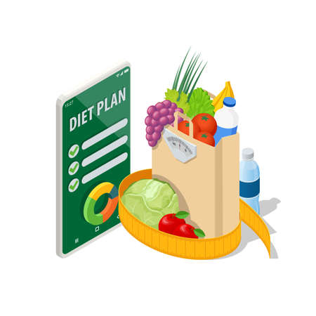 Isometric Healthy food and Diet planning on smartphone. Healthy eating, personal diet or nutrition plan from dieting expert. Nutrition consulting, diet planのイラスト素材