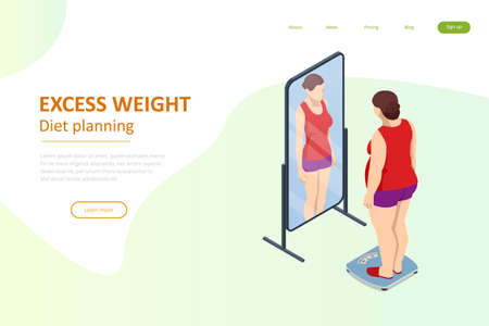 Isometric Healthy food and Diet planning. Fat woman looks with a mirror and introduces herself slender, the dream of losing weightのイラスト素材