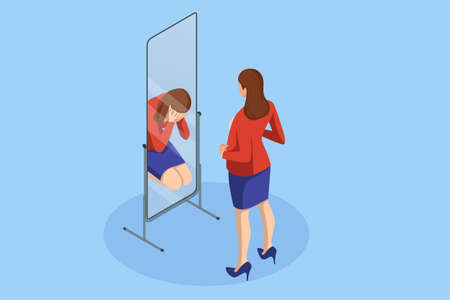 Isometric Depressed women. Psychology, health, care, depression, frustration, medicine concept. Woman looks in the mirror and sees herself depressedのイラスト素材
