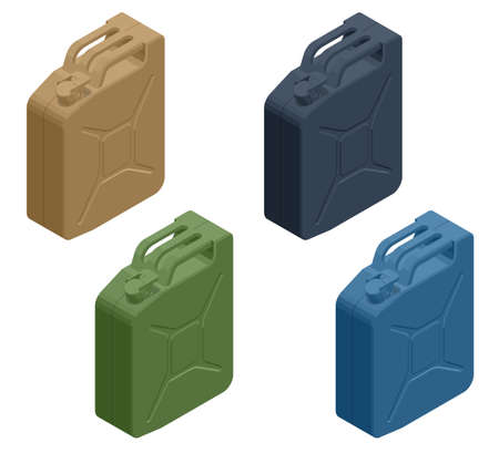 Isometric Metal Fuel Container Jerrycans. Canister for Gasoline, Diesel Gas. Fire Resistant Storage Tank.のイラスト素材