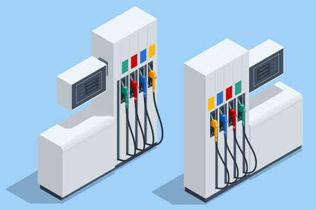 Isometric fuel pumps at a gas station. Colorful Petrol pump filling nozzles isolated on white...