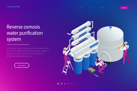 Isometric installing or repairing system of water filtration at home concept. Fix purification osmosis system. Drinking water. Sanitary work. Engineering networks in the house.のイラスト素材