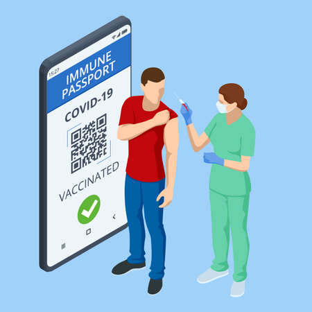 Isometric Mobile phone with immune digital health passport for covid-19. COVID-19 Immunity Passport, immunity certificate, vaccination certificate.のイラスト素材