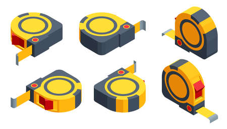 Isometric set icons of tape measure isolated on white background. Tape-line, Tape measure for construction work.のイラスト素材