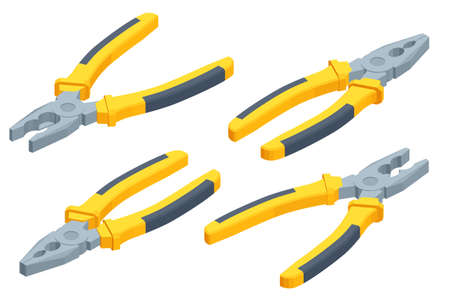 Isometric metal pliers with rubber handles black and yellow color isolated on white background. Hand tools for repair, construction and maintenanceのイラスト素材