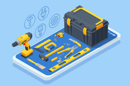Large set of construction tools. Drill, hammer, hacksaw, tape measure, nippers, pliers, wrench, stapler, roller. Icon set.のイラスト素材