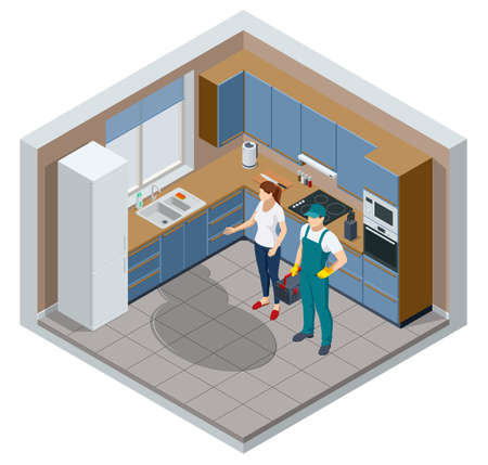 Isometric repairman or mechanic with a toolbox. Man working, holds toolbox with instrument. Professional worker in the uniform repair electrical home appliance with tool.のイラスト素材