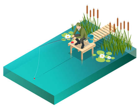 Fisherman with a fishing rod. Isometric fisherman with a fishing rod is fishing on a lake or river. Fisherman sitting with fishing rod and watching at float in lake.のイラスト素材