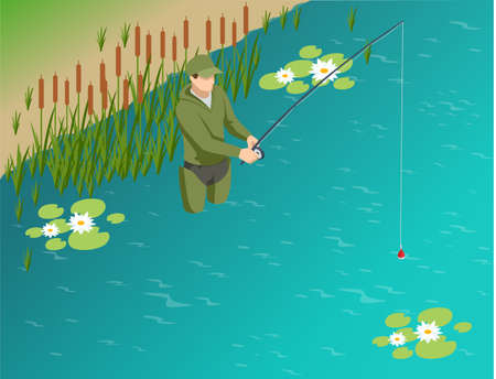 Fisherman with a fishing rod. Isometric fisherman with a fishing rod is fishing on a lake or river. Fisherman stands in the water with a fishing rod and watching at float in lake.のイラスト素材