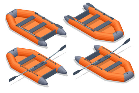 Isometric set icons of orange rubber inflatable boat. Inflatable rubber boat for recreation and travel on the waterのイラスト素材