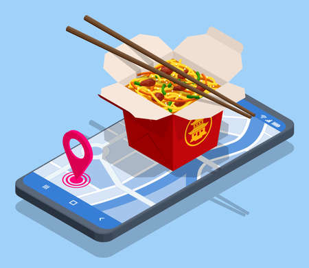 Isometric Online Delivery Food Stir-fried Noodles, Chow Mein, Chinese Cuisine. Asian Noodle Box Appear from Smartphone.のイラスト素材
