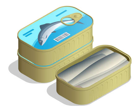 Isometric Can of sardines. Canned sardine cans stacked in a pile, with an open isolated on white backgroundのイラスト素材