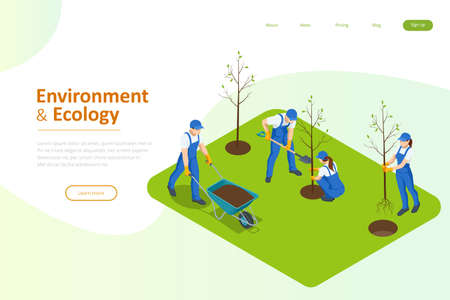 Isometric Community Work Day. Environment Protection Concept. Group Volunteer People Planting Trees in City Park. People plant fruit treesのイラスト素材