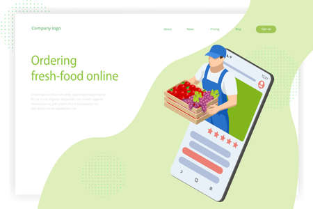 Online grocery store. Organic Fresh Products. Isometric Organic farm foodのイラスト素材