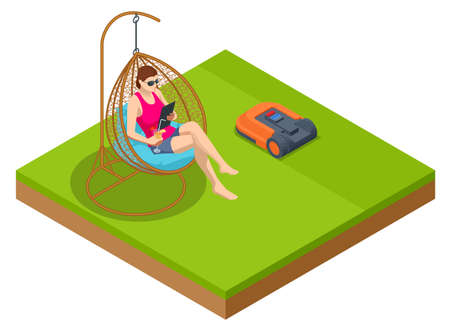 Isometric Robotic lawn mower on grass, trimmer robotのイラスト素材